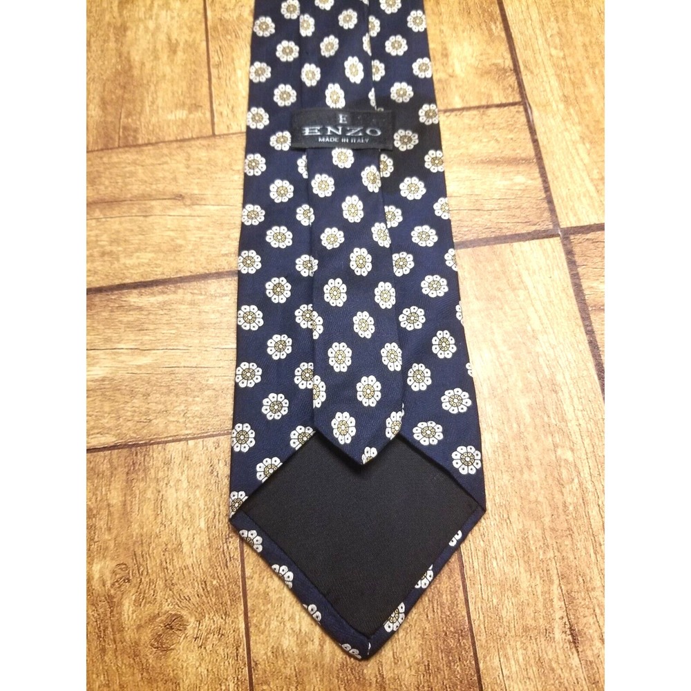 Enzo Blue Flowered Tan Gold Handmade USA Textured Italy Silk Pointed Tie